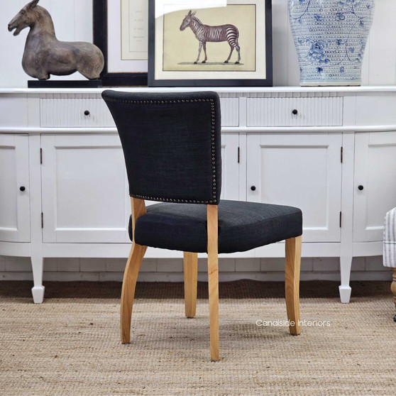 Mimi Linen Blend Dining Chair, Sleek Sophistication in Black Upholstery, Natural Legs, Front View