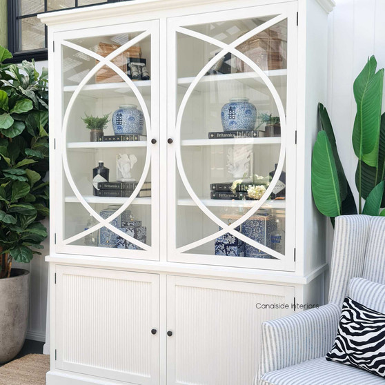 Front view of the Riviera Display Cabinet in distressed brushed white, capturing its elegant formality perfect for Hamptons-inspired interiors