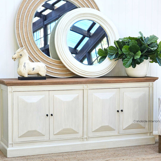 Frontal view of the Alicent Sideboard at Canalside Interiors, showcasing its distressed stone finish and weathered oak top.