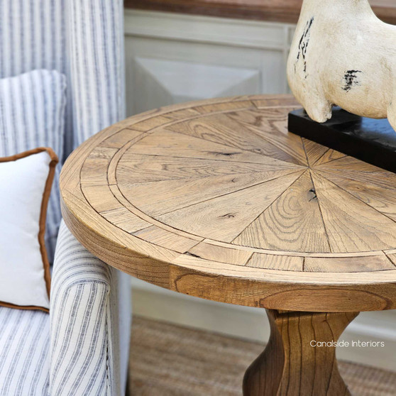 Front view of the Danbury Oak Parquetry Round Side Table in weathered oak, perfect for adding Hamptons style elegance to your lounge room