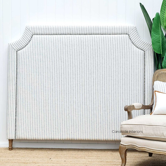 Mayfair Hamptons Headboard in blue stripe with gold stud detailing, perfect for a coastal bedroom - Canalside Interiors