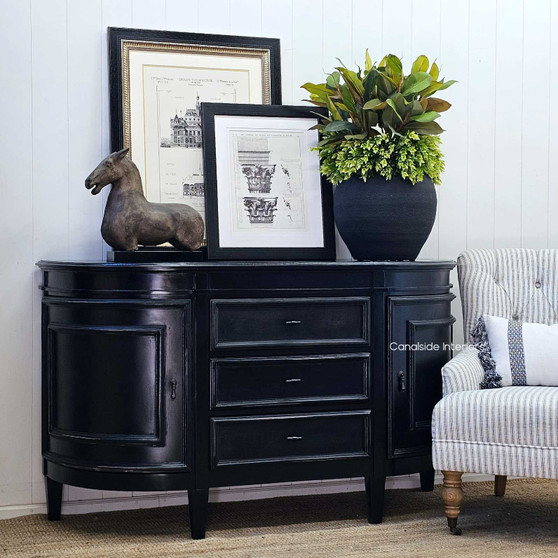 Front view of the Francia Petite Sideboard in charcoal black, displaying a classic silhouette with a modern twist – Canalside Interiors