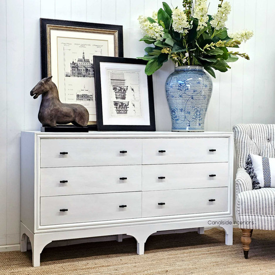 Angled perspective of the white Camille 6 Drawer Chest, perfect for adding coastal charm to your living space