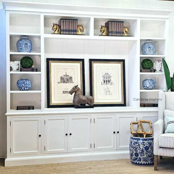 Front view of the Casement TV Media Wall Unit, showcasing its modern white finish and subtle distressing - a masterpiece for living rooms