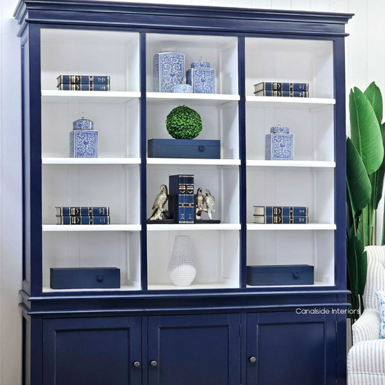 Front view of the Grange 3 Door Wall Unit in navy blue, a Hamptons classic for living room elegance | Canalside Interiors