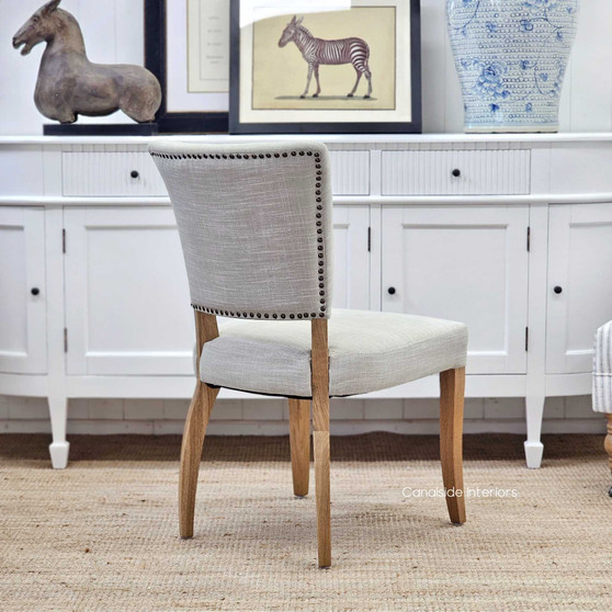 Mimi Upholstered Dining Chair, Classic Elegance in Natural Blend Linen, Brass Stud Detail, Front View