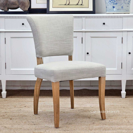 Mimi Upholstered Dining Chair, Classic Elegance in Natural Blend Linen, Brass Stud Detail, Front View
