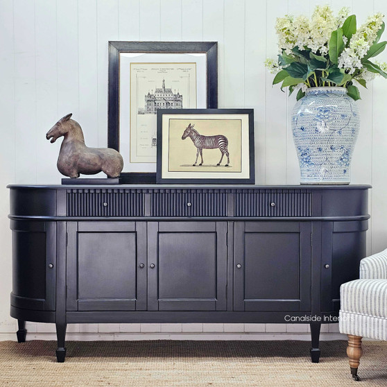 Front view of the Louis Curved Buffet showcasing its elegant black finish and classic design.