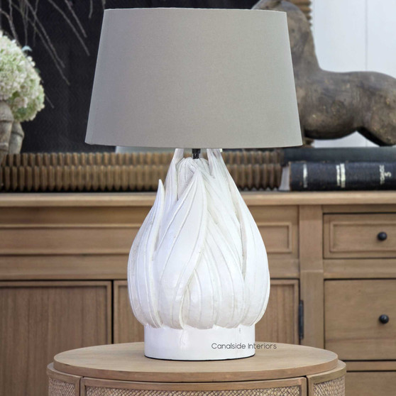 Fern Bay distressed white table lamp with taupe shade on timber side table