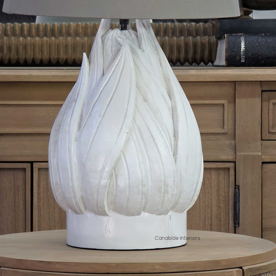 Fern Bay distressed white table lamp with taupe shade on timber side table