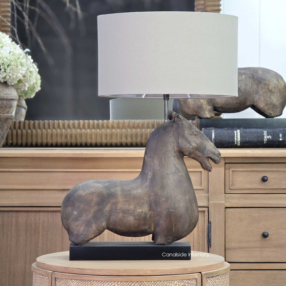 Ancient Equestrian Single Lamp in rustic concrete with taupe shade on side table