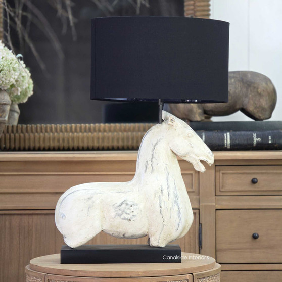 Ancient Equestrian Single Lamp in rustic concrete with black shade on side table