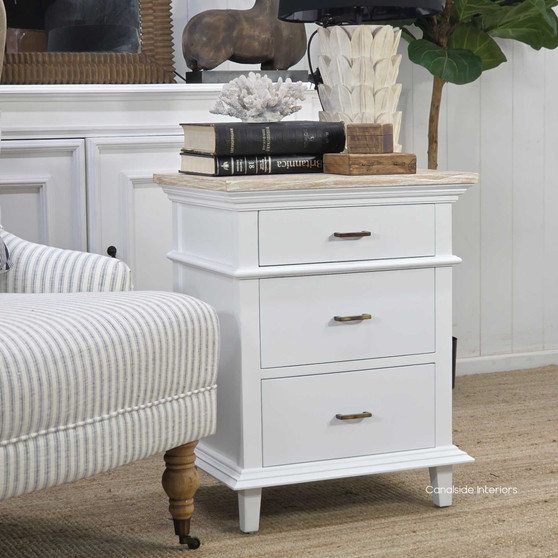 Close-up of the Berry Court bedside limewashed timber top showing natural grain texture and soft distressed finish