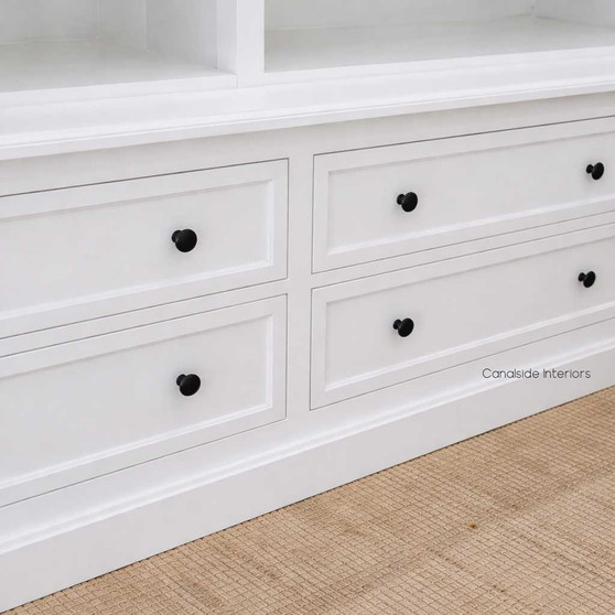 Front view of the Grange Wall Unit with Drawer in white, showcasing its elegant symmetry and clean lines.