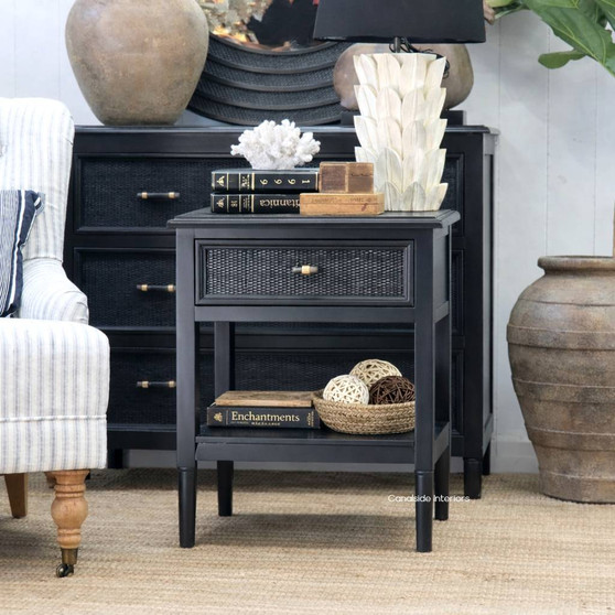 Angled view of the Brielle Rattan 1 Drawer Bedside – Black showing the tapered legs, clean joinery and refined proportions in a Hamptons style interior