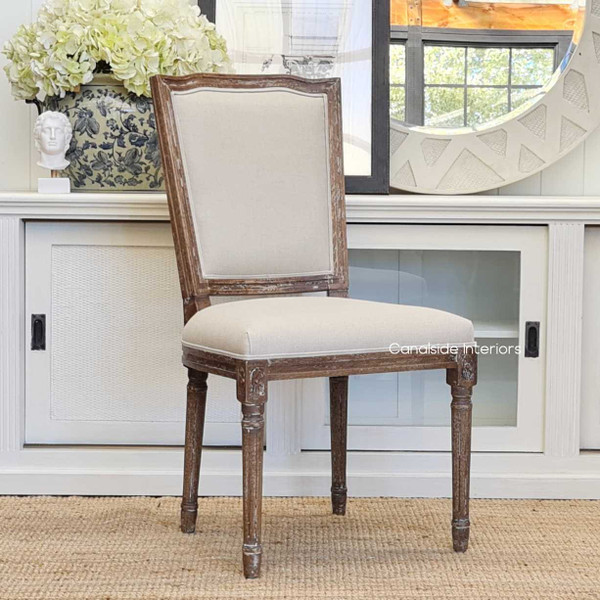 Weathered oak Stark Dining Chair with cream seat - the embodiment of Hamptons elegance, perfect for a sophisticated dining room - Canalside Interiors