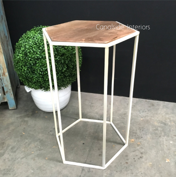 Angled perspective of the bar stool, emphasizing the unique polygonal design and wooden seat.