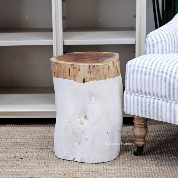 Canalside Interiors introduces the Organic Log Trunk Stool, combining natural wood and white paint for a rustic yet elegant bedroom accessory