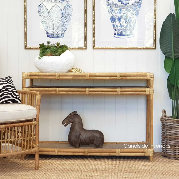 Raffles Cane and Rattan Console in Natural Finish against a Cream Wall, Perfect for a Coastal Living Room