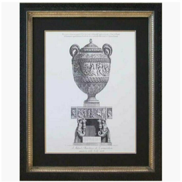 Elegant reproduction print of Italian Piranesi Urn, showcased in a classic ivory and gold frame, enhancing a sophisticated living room decor.