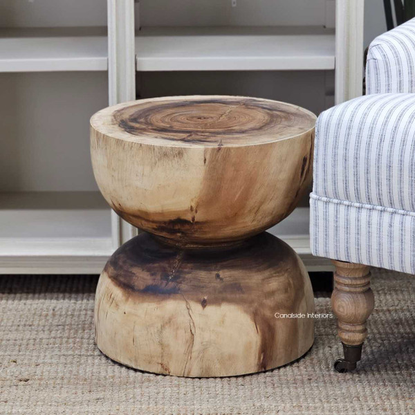 View of Mele Natural Stool/Side Table, showcasing its unique hand-carved design and natural wood texture.