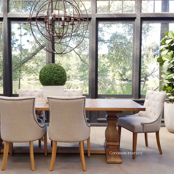 Frontal view of the Hampton Bay Parquetry Dining Table, highlighting the intricate parquetry top and solid fruitwood base, ideal for Hamptons-inspired dining rooms.