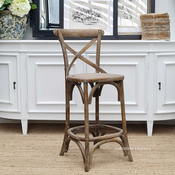 Weathered Oak Cross Back Chair showcasing a Hamptons-inspired armless design, perfect for enhancing the elegance of any kitchen room, available at Canalside Interiors