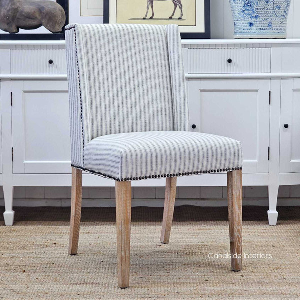 Leclerc Dining Chair, Hamptons Charm in Blue and White Ticking Stripe, Limewash Oak Legs, Brass Stud Detail, Front Angled View