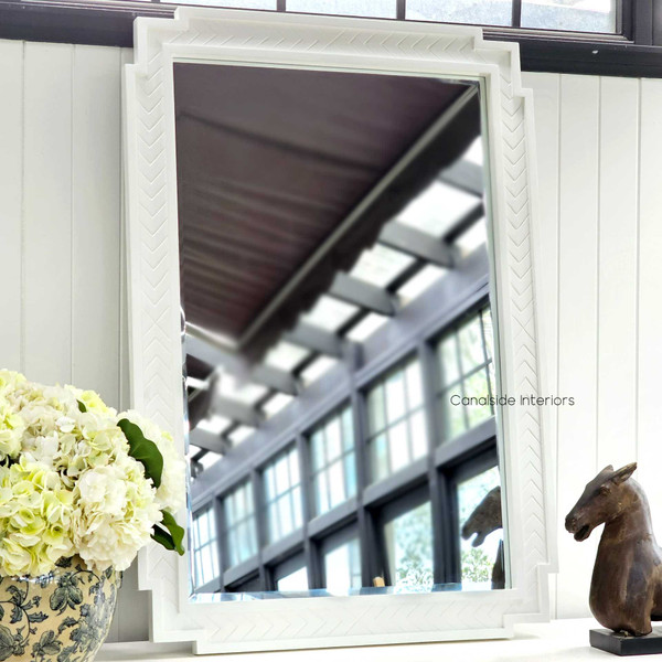 Front view of Mayfair Herringbone Rectangular Mirror, showcasing the waterfall stepped edges and distressed white finish.