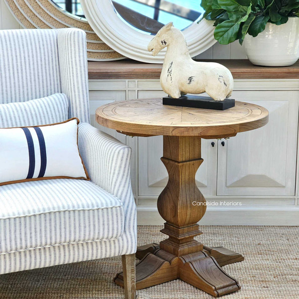Front view of the Danbury Oak Parquetry Round Side Table in weathered oak, perfect for adding Hamptons style elegance to your lounge room