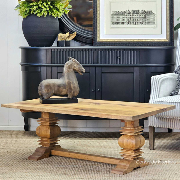 View of the Artisan Coffee Table in mangowood, showcasing its elegant design at Canalside Interiors.