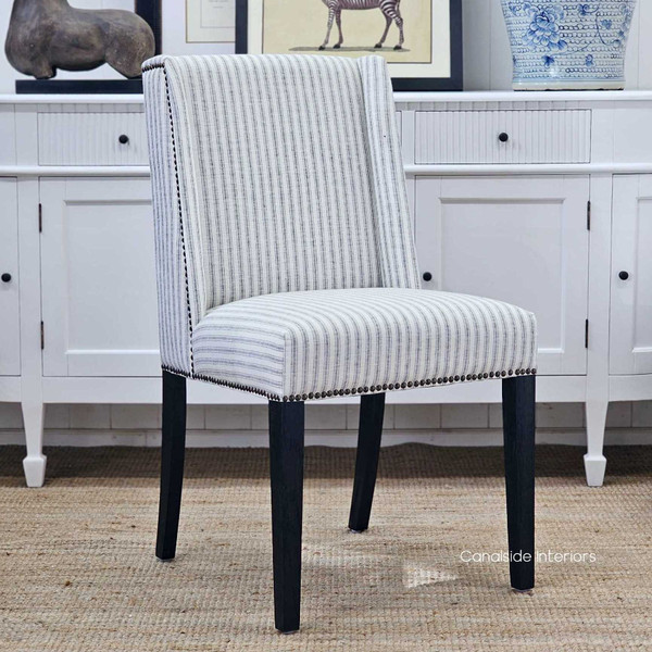 Leclerc Dining Chair, Coastal Charm in Blue and White Ticking Stripe, Black Oak Legs, Brass Stud Detail, Front Angled View