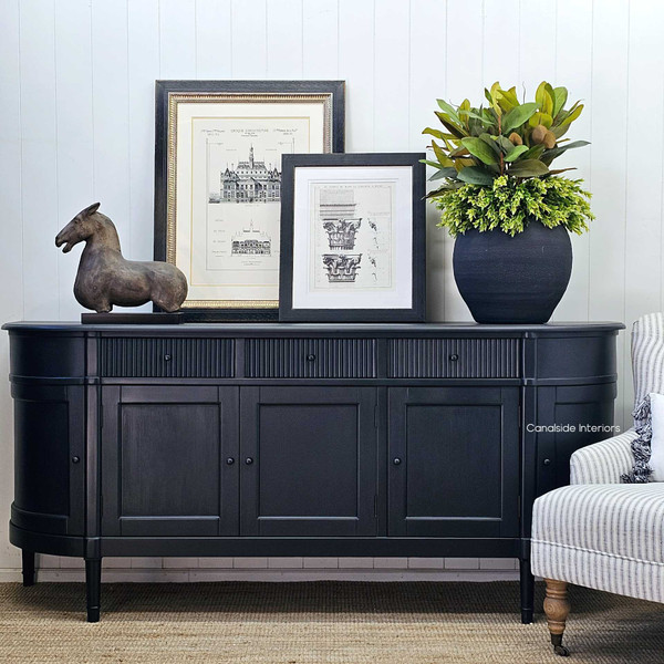 The French Louis Buffet Grande in black, featuring ribbed drawers, brings a Hamptons touch to Sydney's modern living rooms – Canalside Interiors