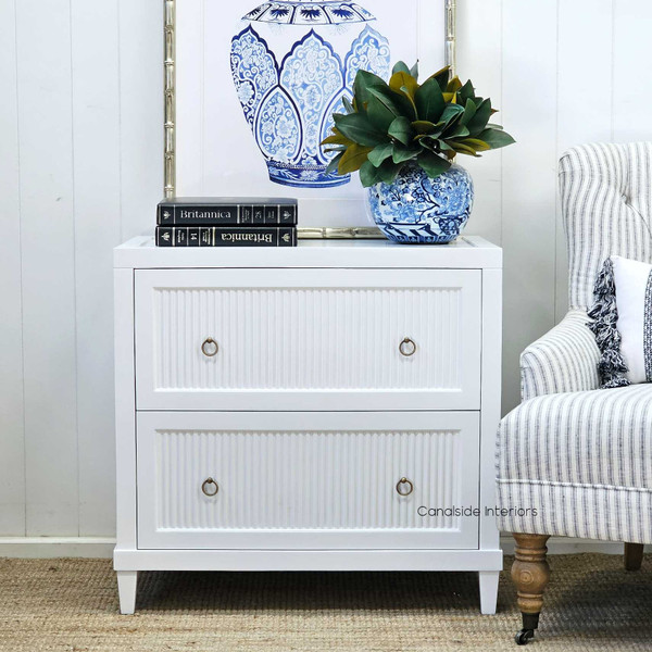 Front view of the Sorrento 2 Drawer Bedside in white, featuring fluted timber detailing for a modern Hamptons bedroom