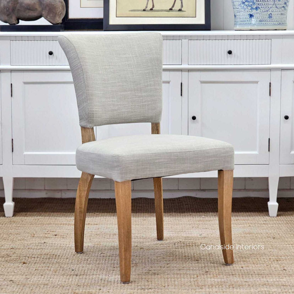 Mimi Upholstered Dining Chair, Classic Elegance in Natural Blend Linen, Brass Stud Detail, Front View