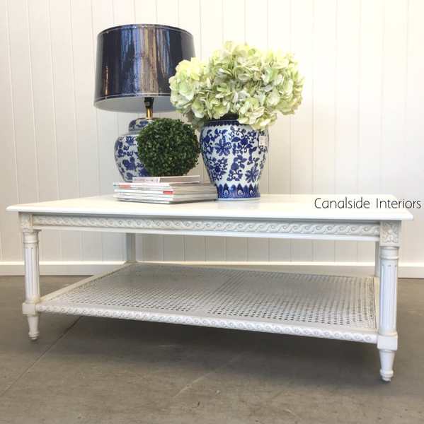 Hamptons Rattan Coffee Table White Limewash Top Canalside Interiors