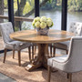 Natural recycled timber Artisan Parquetry Round Dining Table with handcrafted parquetry top and carved pedestal base