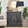 Front view of the Marmont Sideboard, showcasing the distressed charcoal/black finish and weathered oak top for a rustic yet refined appearance.
