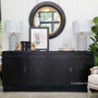 Bring Hollywood elegance to the dining room with the Distressed Black Ellery Sideboard, featuring intricate Chinoiserie details - Canalside Interiors.