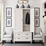 Front perspective of the Brielle Rattan Wardrobe Cupboard with door open in situ at Canalside Interiors, showcasing its distressed stone finish and stone rattan detailing.