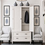 Front on view of the Brielle Rattan Wardrobe Cupboard with door open in situ at Canalside Interiors, showcasing its distressed stone finish and stone rattan detailing.