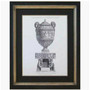 Elegant reproduction print of Italian Piranesi Urn, showcased in a classic ivory and gold frame, enhancing a sophisticated living room decor.