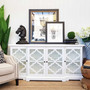 Front view of the Trellis Glass Sideboard in white, showcasing its intricate trellis overlay pattern and elegant glass doors.