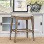 Front view of Mila II Upholstered Kitchen Bar Stool with cream upholstery and weathered oak base - perfect for adding a contemporary touch to any kitchen island.