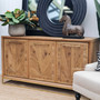 The Danbury Oak Sideboard combines traditional parquetry with a modern gold base, perfect for Hamptons-style lounge rooms - Canalside Interiors
