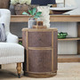 Front view of the Langston Rattan Side Table displaying the smooth oak surface and organic textures.