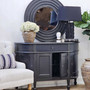 Louis Curved 130cm Sideboard with cabinet doors open, showcasing its ample storage space and interior shelving.