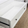 Drawer open showing interior timber detail and storage depth as well as metal drawer runners