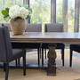 Fully extended Berenson Oak Parquetry Dining Table in Cigar set for entertaining.