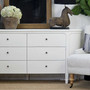 Straight-on image of the Creemore Chest in White showing balanced drawer layout and minimalist hardware.